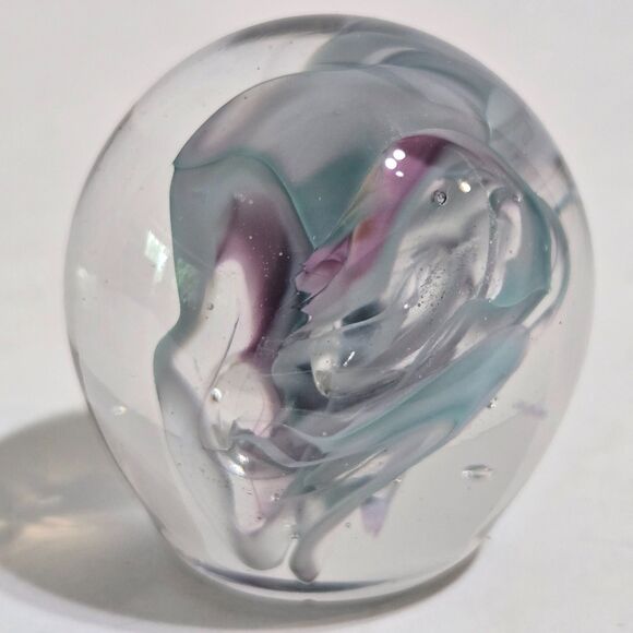 STUDIO ART 2” PAPERWEIGHT Swirl Handmade Signed Abstract Pink Blue - Picture 1 of 10